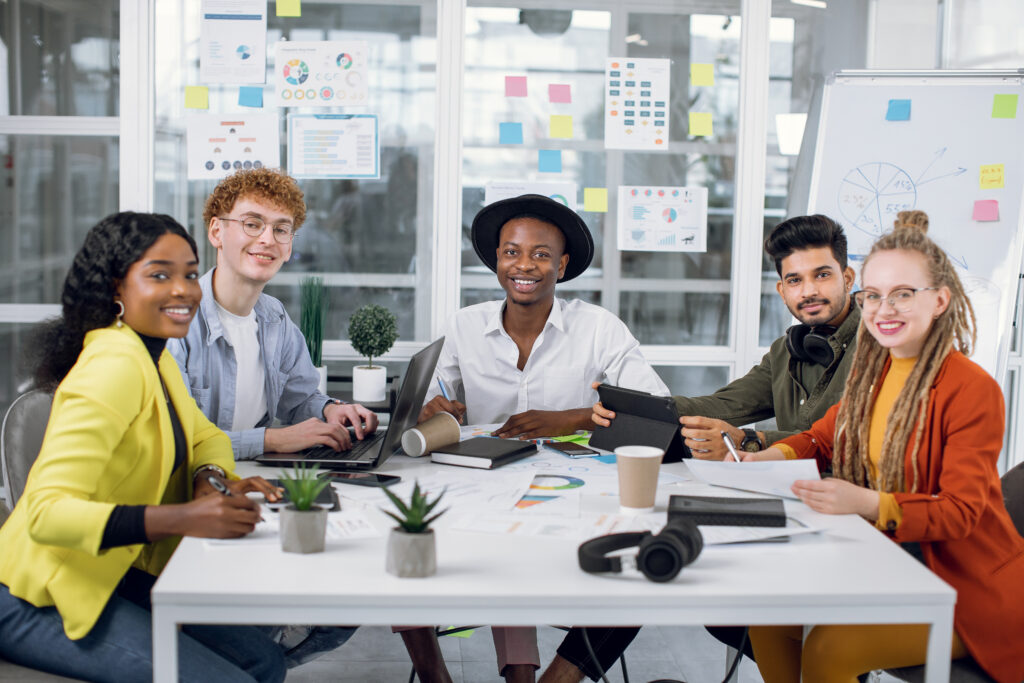 Young professionals working together in a marketing internship.
