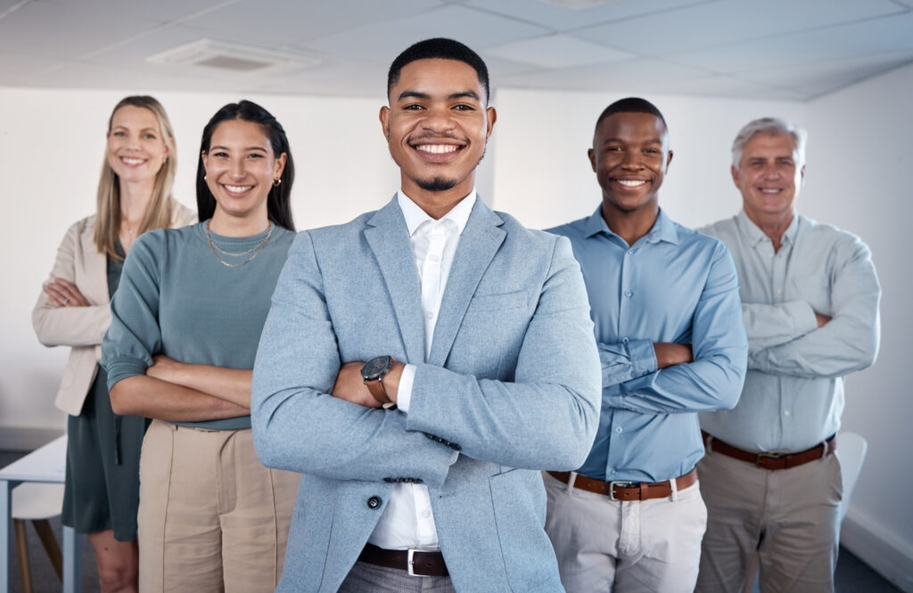 Diverse team demonstrating leadership for beginners through confidence and teamwork.